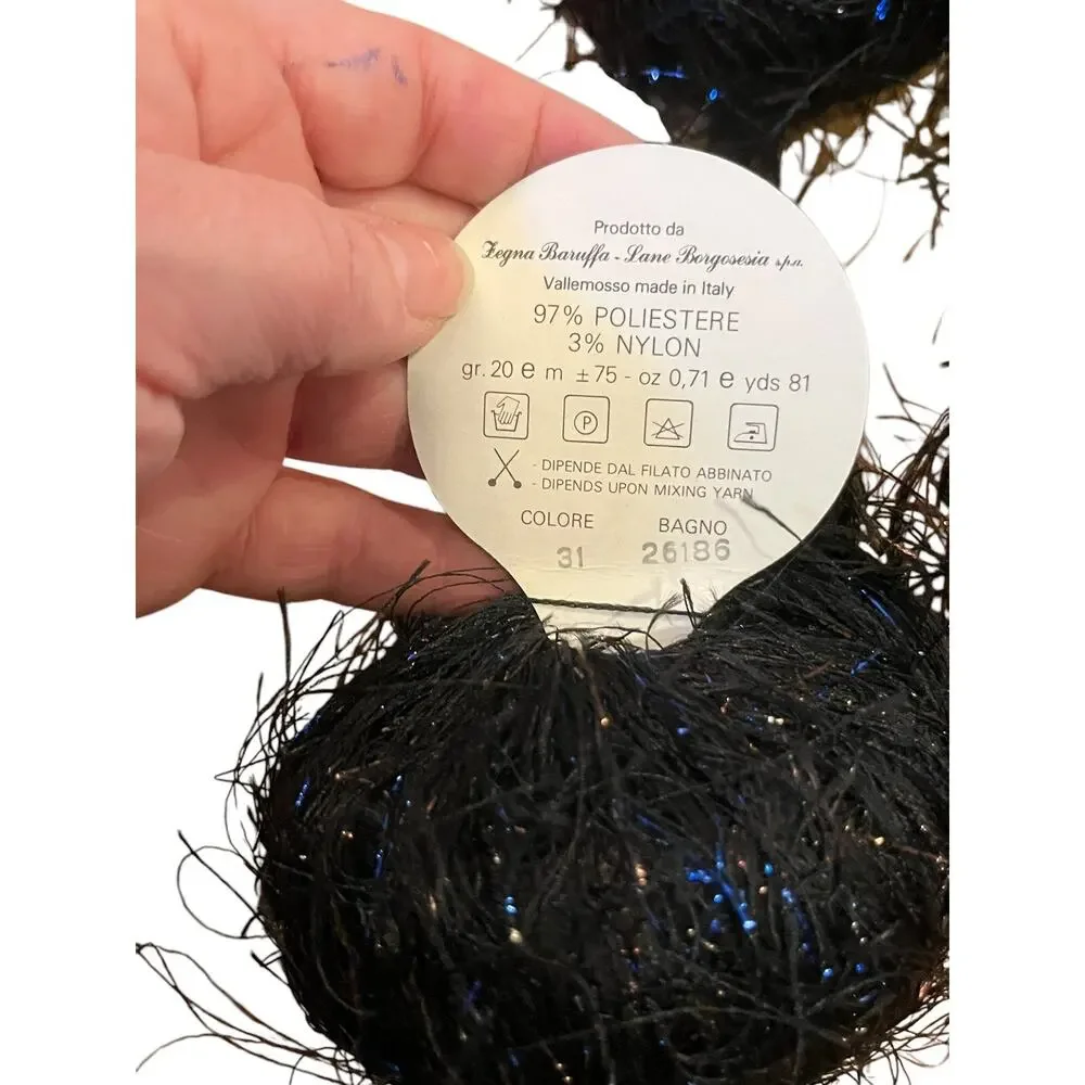 4 Zegna Barioffa Black Eyelash Yarn Crochet Polyester W/ Blue SparkleItaly